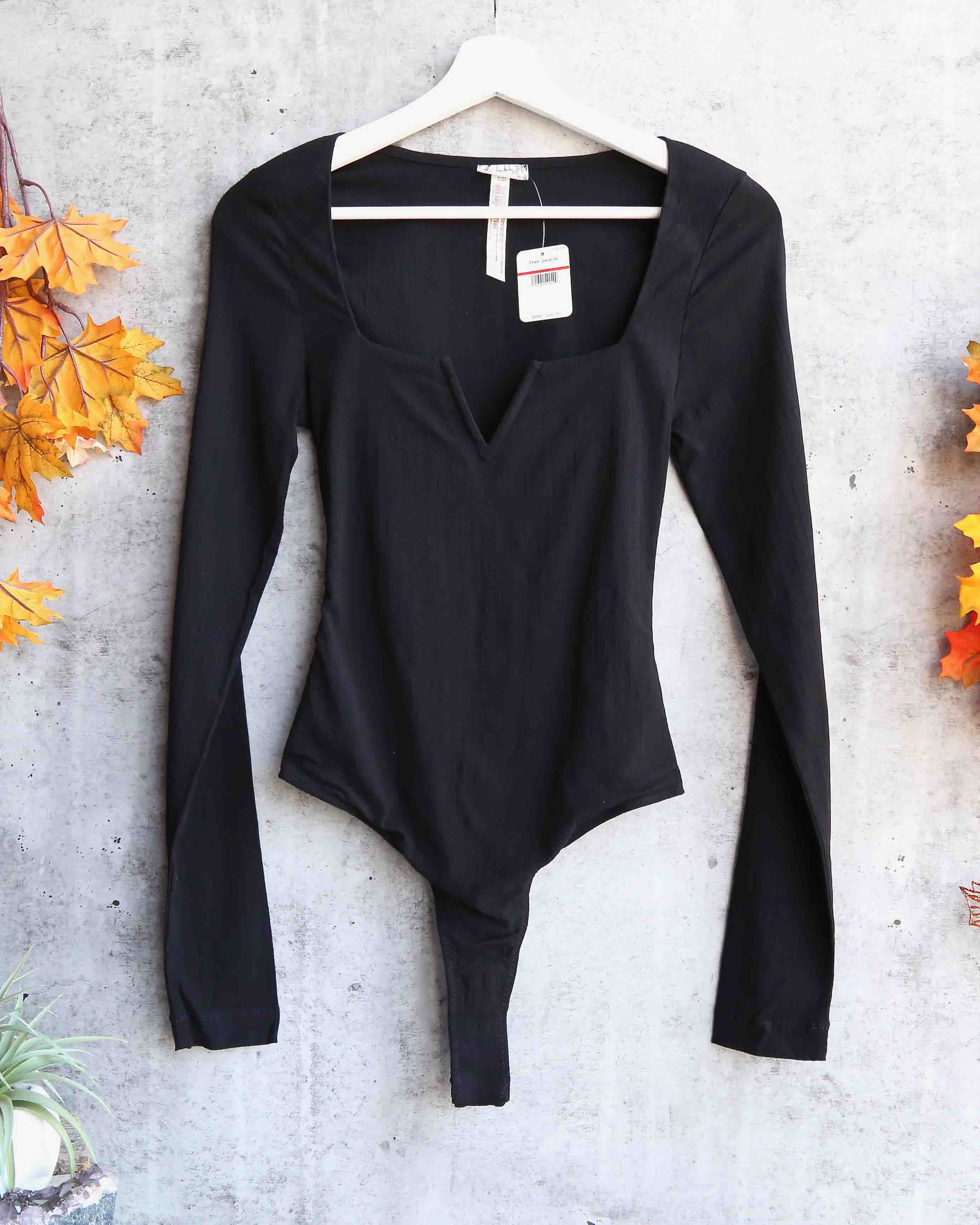 Intimately by Free People Deep V-Neck Black Long Sleeve Thong