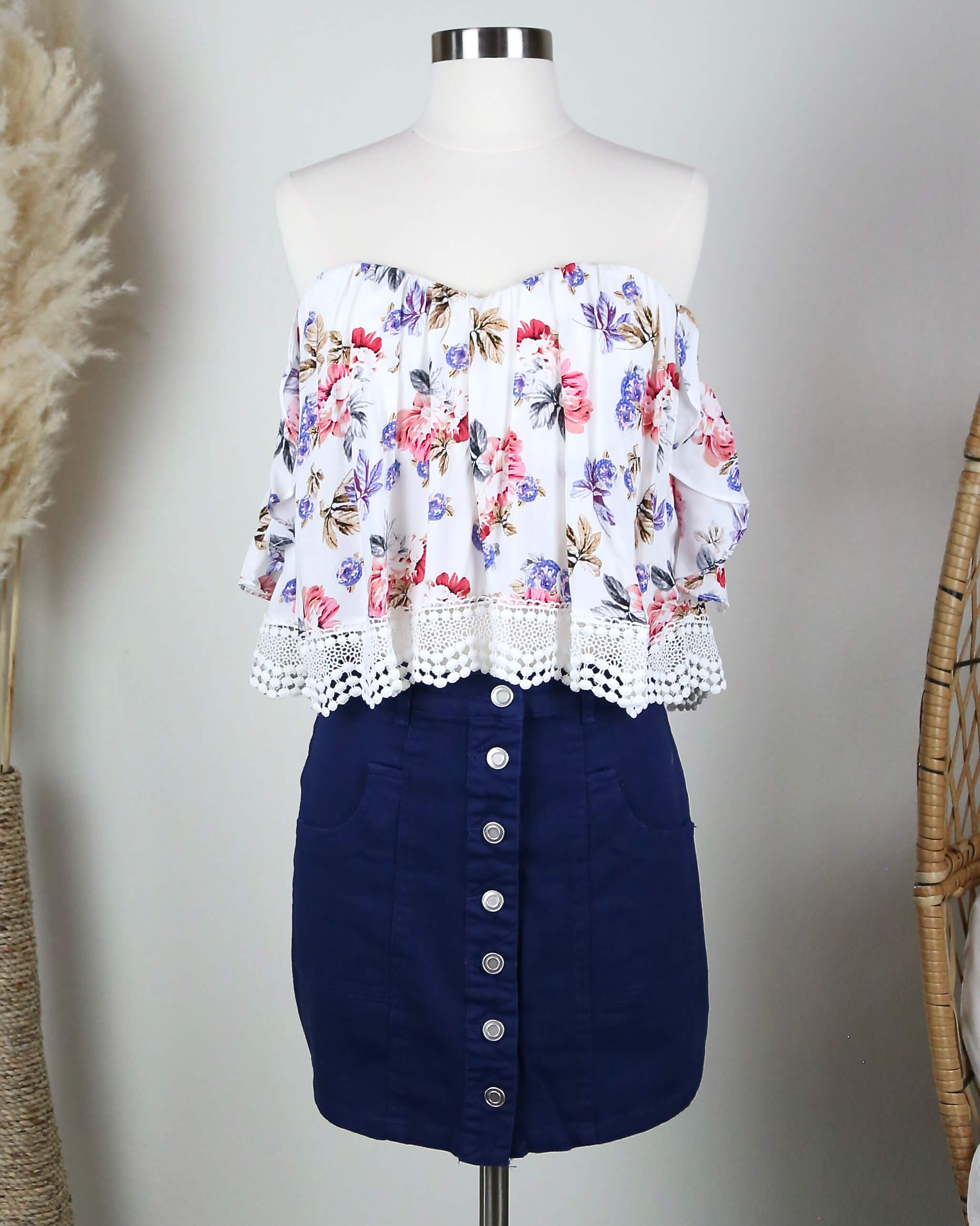 Denim skirt with free people off shoulder floral top #ShopStyle