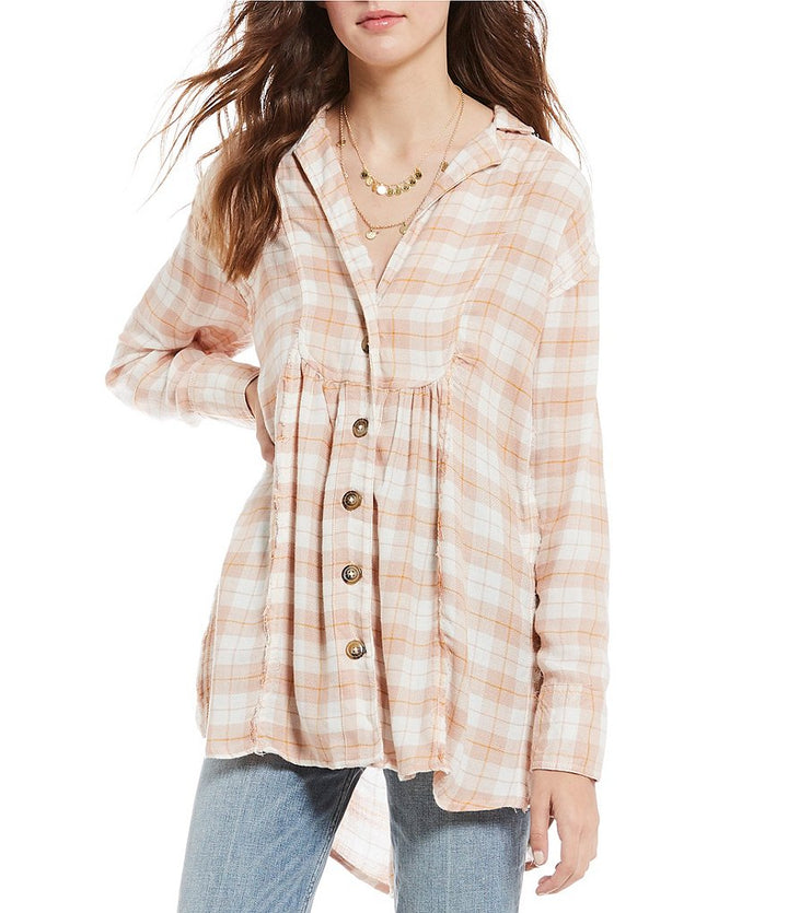 Free People - All about the feels plaid button down top - rose