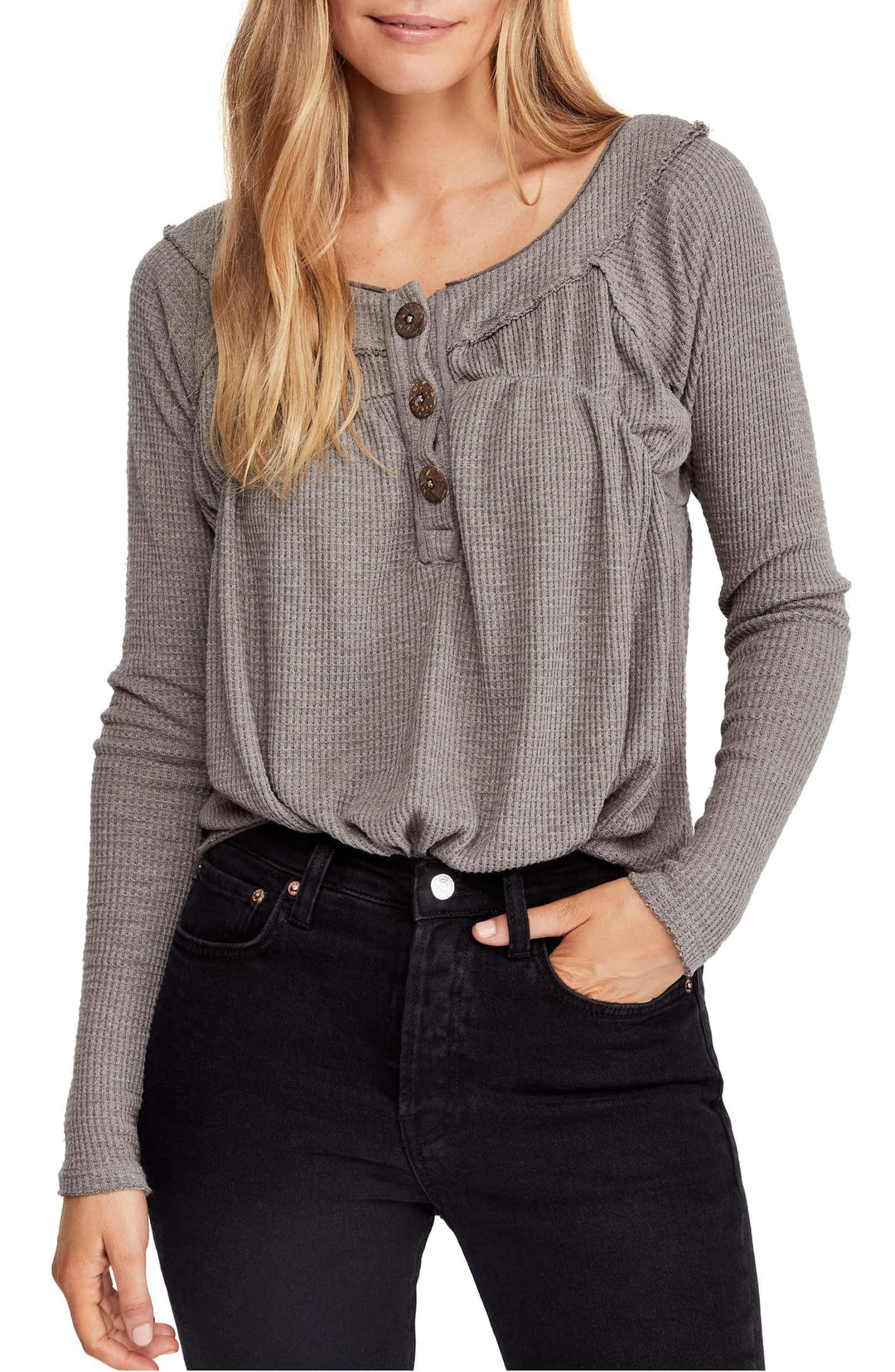 Free People - Must Have Waffle-Knit Henley Tee - Storm Grey