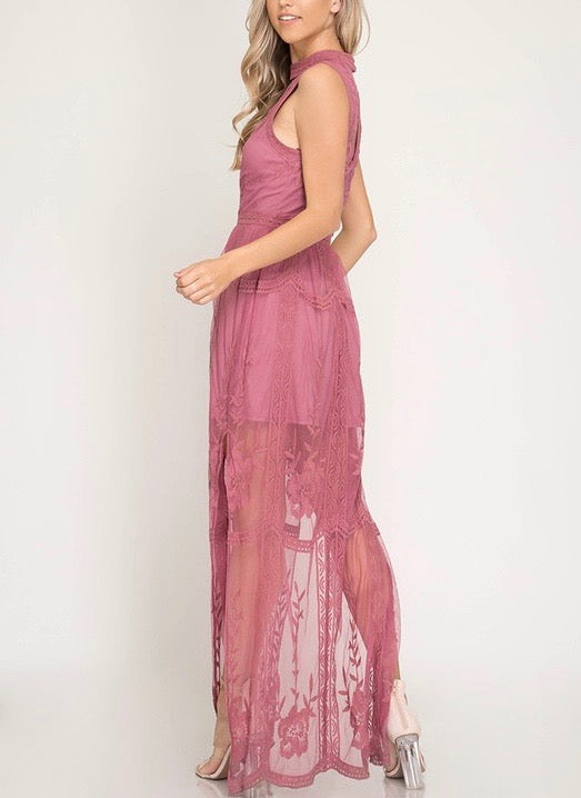 Girl Talk Sleeveless Mesh Lace Maxi Dress with Side Slit in More Colors