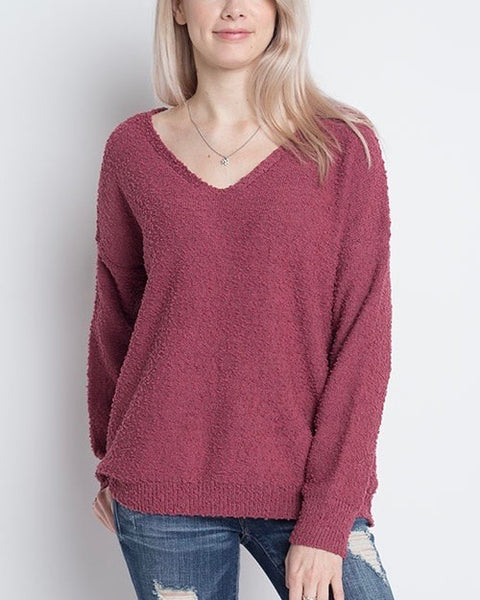 Dreamers Soft Boulce Yarn V Neck Pullover in Berry Shop Hearts