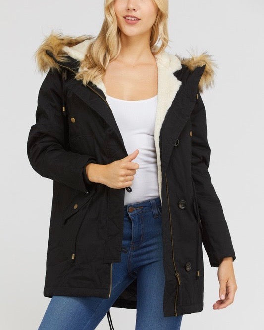 Faux Sherpa Lined Hooded Utility Parka Jacket in More Colors