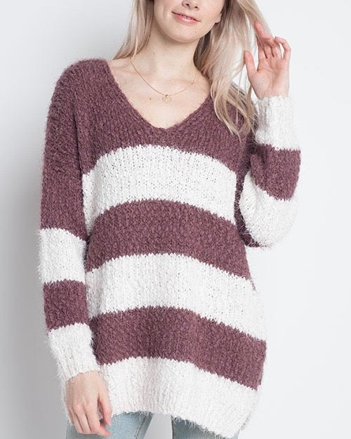 Dreamers - Striped Fuzzy Pullover in Dark Plum/Ivory