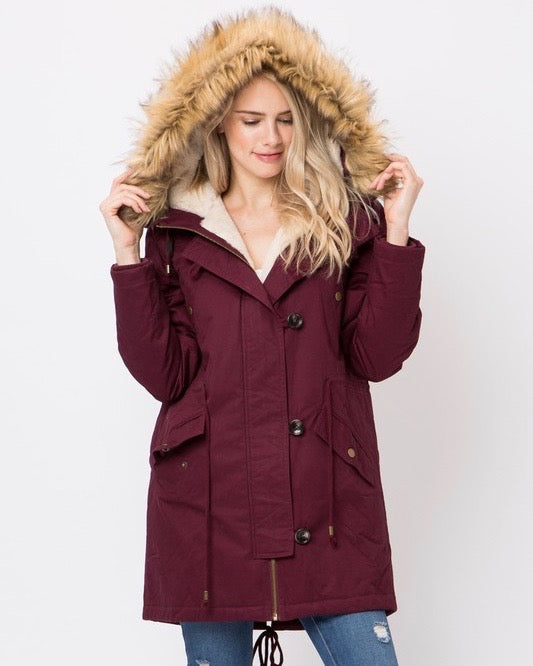 Faux Sherpa Lined Hooded Utility Parka Jacket in More Colors