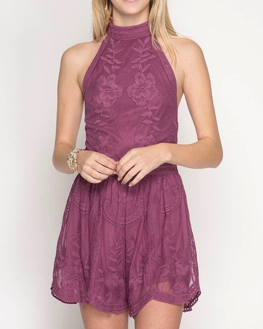 Sleepless & Sleeveless Halter Neck Mesh Lace Romper in Mauve