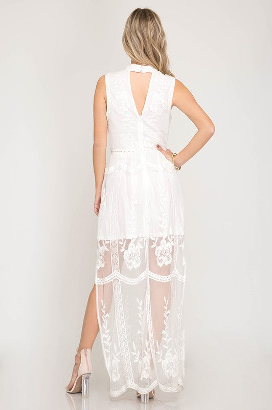 Girl Talk Sleeveless Mesh Lace Maxi Dress with Side Slit in More Colors