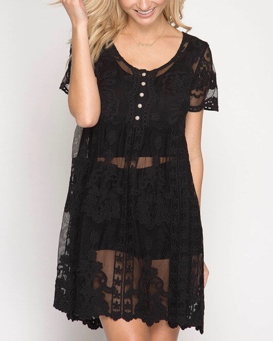 Sheer Short Sleeve Crochet Lace Dress in More Colors