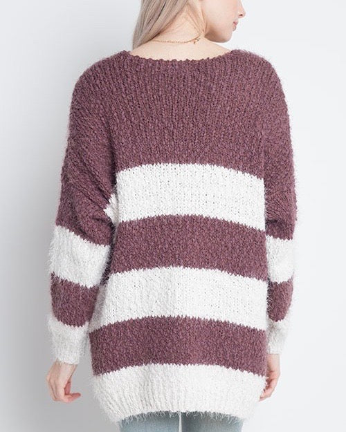 Dreamers - Striped Fuzzy Pullover in Dark Plum/Ivory