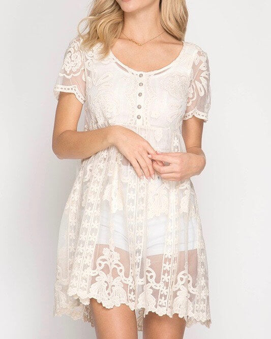 Sheer Short Sleeve Crochet Lace Dress in More Colors