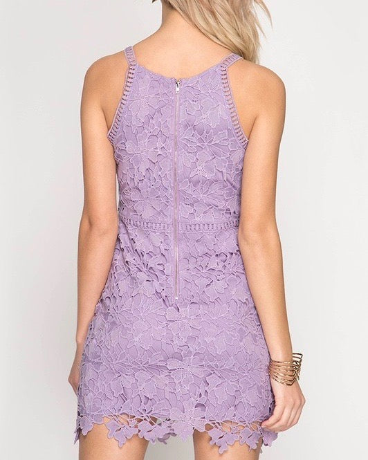 Ashlyn Sleeveless Lace Bodycon Dress in Lilac