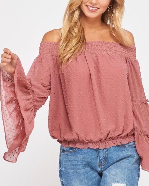 Smocked Sheer Off The Shoulder Bell Sleeved Swiss Dot Top - More Colors