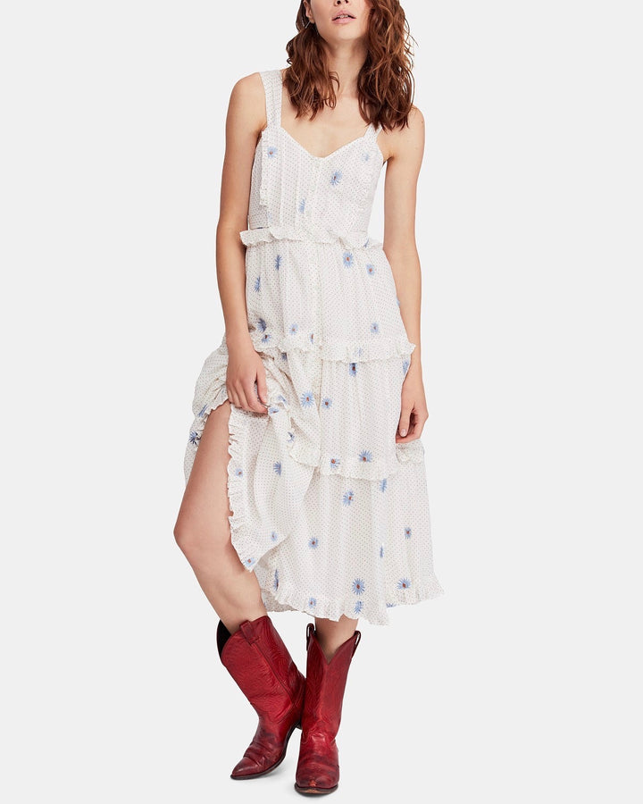 Free People Daisy Chain Button Up Midi Dress in White / Ecru Combo