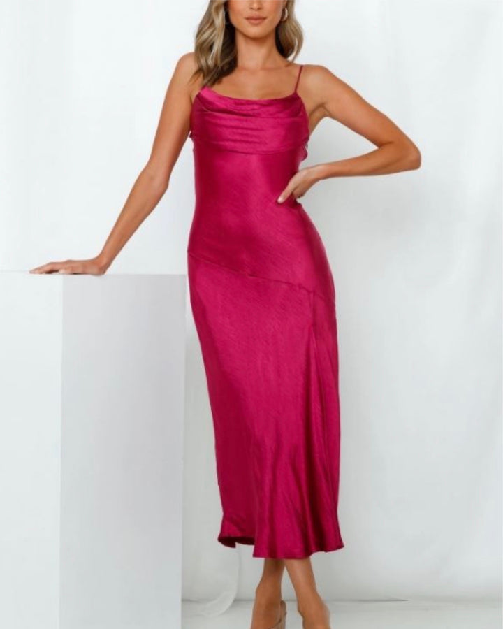 Sofia Satin Midi Dress in Fuchsia