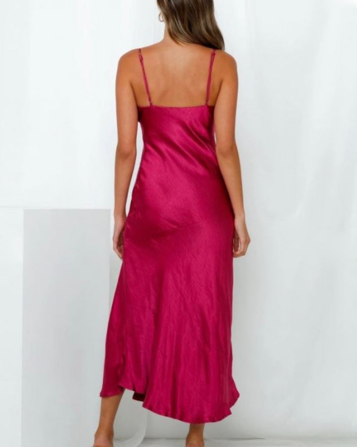 Sofia Satin Midi Dress in Fuchsia