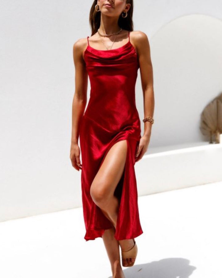 satin - midi dress - cowl neckline - pleated detail - thigh slit - wine