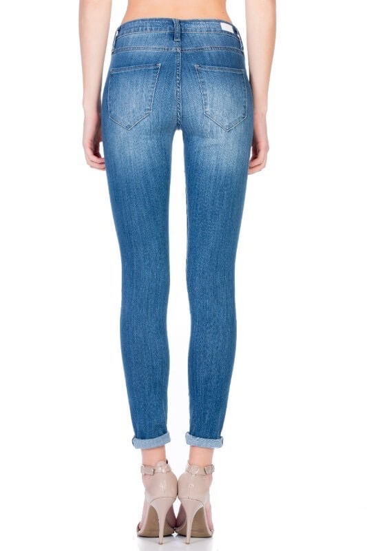 Victoria Destroyed Mid Rise Rolled Skinny in Medium Wash