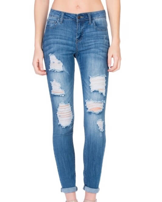 Victoria Destroyed Mid Rise Rolled Skinny in Medium Wash