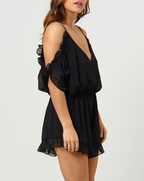 Final Sale - 4SI3NNA - peek a boo shoulder flutter romper with ruffle hem - black