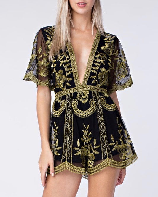 Honey Punch - As You Wish Contrasting Embroidered Lace Romper in Black/Gold