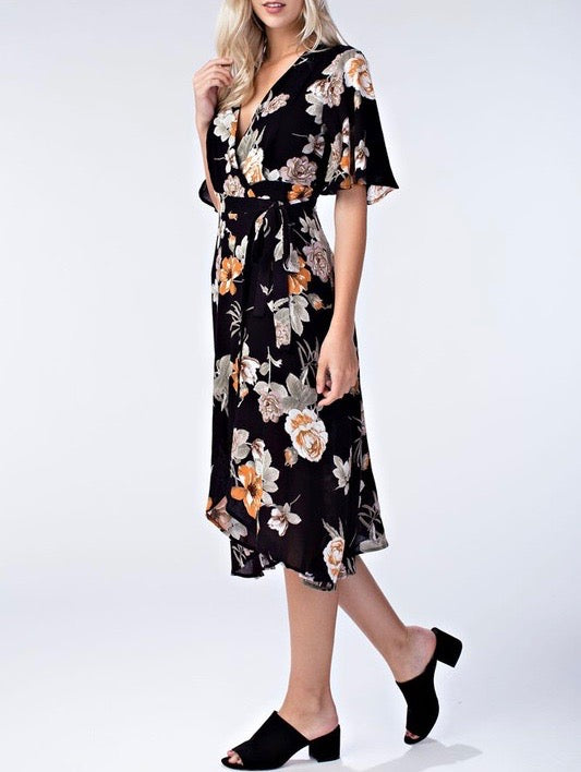 Honey Belle - Floral Wrap Dress in Black/Multi