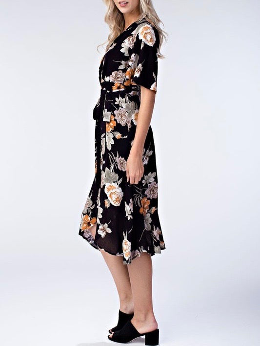 Honey Belle - Floral Wrap Dress in Black/Multi