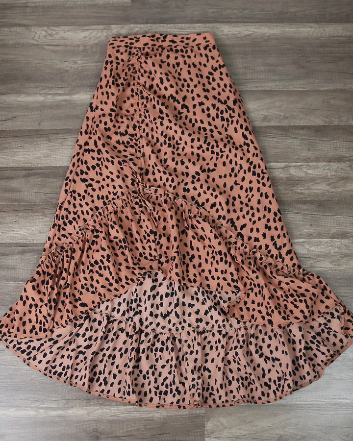 Animal Print Side Ruched Maxi Skirt in Rust