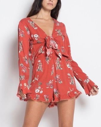 In Full Bloom Front Tie Ruffle Hem Floral Print Romper - Red Print