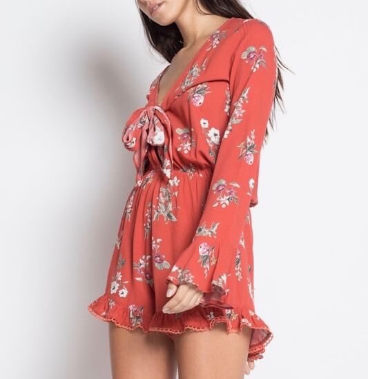 In Full Bloom Front Tie Ruffle Hem Floral Print Romper - Red Print