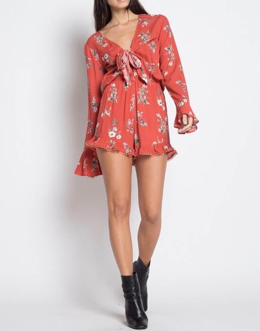 In Full Bloom Front Tie Ruffle Hem Floral Print Romper - Red Print