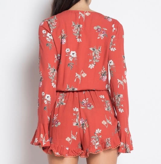 In Full Bloom Front Tie Ruffle Hem Floral Print Romper - Red Print