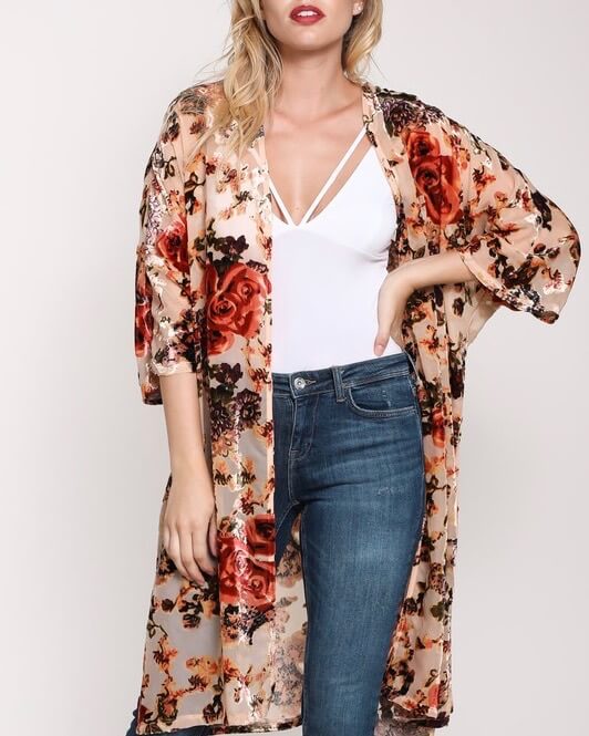 Long Burn Out Mesh Cardigan Kimono in Taupe