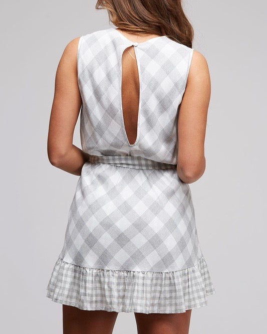 Final Sale - Plaid and Simple Ruffle Hem Dress in Ivory/Grey