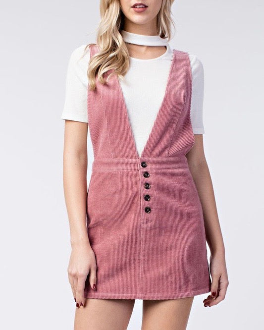 Final Sale - Honey Belle - Overall Corduroy Dress in Pink