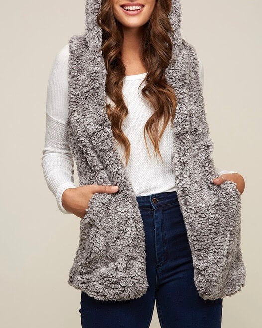 Final Sale - Two Tone Faux Fur Vest With Hoodie - More Colors