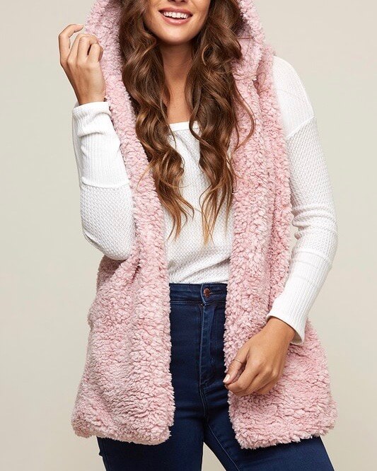 Final Sale - Two Tone Faux Fur Vest With Hoodie - More Colors