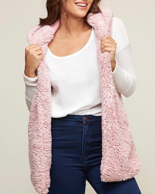 Final Sale - Two Tone Faux Fur Vest With Hoodie - More Colors