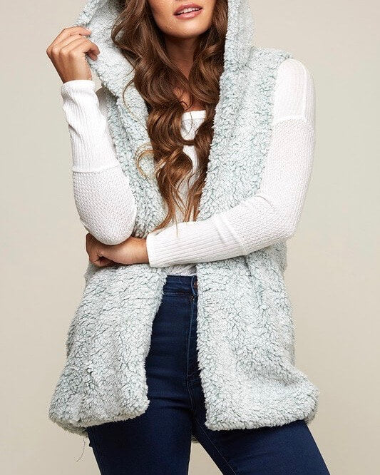 Final Sale - Two Tone Faux Fur Vest With Hoodie - More Colors