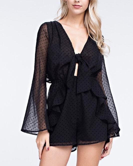 Honey Belle - Long Sleeve Ruffle Romper with Open Back - Black