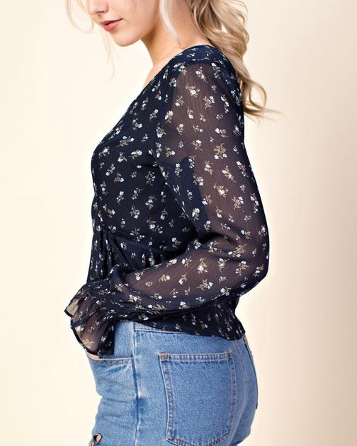 Final Sale - HONEY BELLE - Ruffle Layered Print Top - Navy