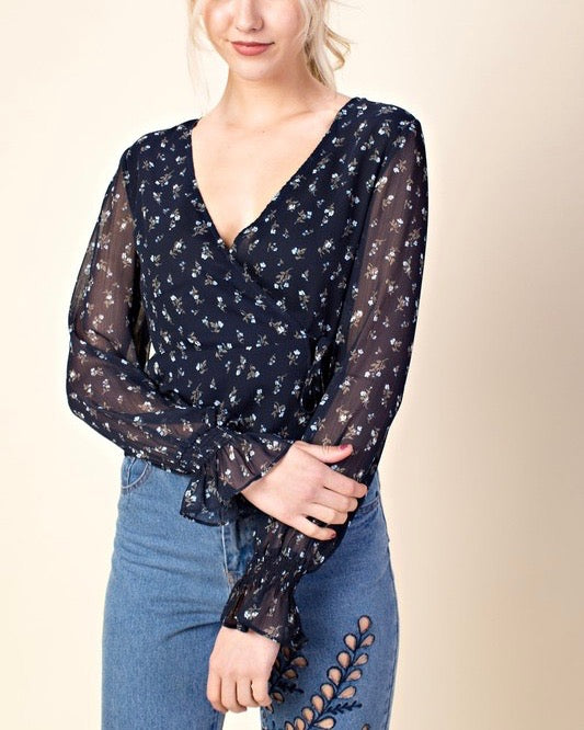 Final Sale - HONEY BELLE - Ruffle Layered Print Top - Navy