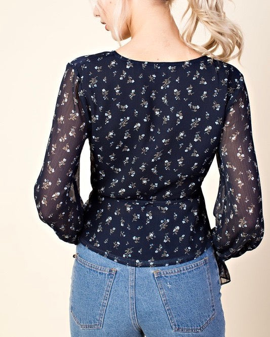 Final Sale - HONEY BELLE - Ruffle Layered Print Top - Navy