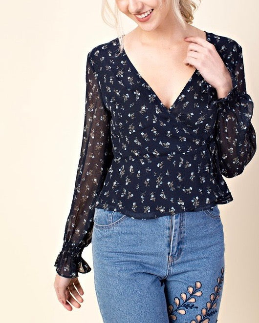 Final Sale - HONEY BELLE - Ruffle Layered Print Top - Navy