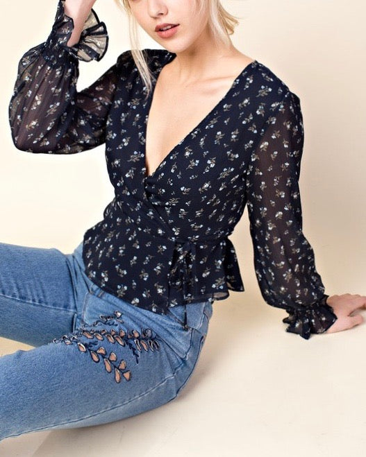 Final Sale - HONEY BELLE - Ruffle Layered Print Top - Navy