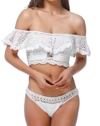 Crochet Off-The-Shoulder Bikini Set - White