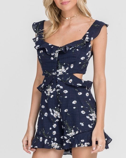 LUSH - Floral Print Romper in Navy