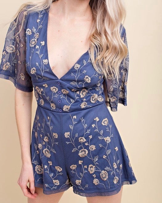 Honey Belle - V-Neck Floral Embroidered Short Sleeve Romper in Indigo