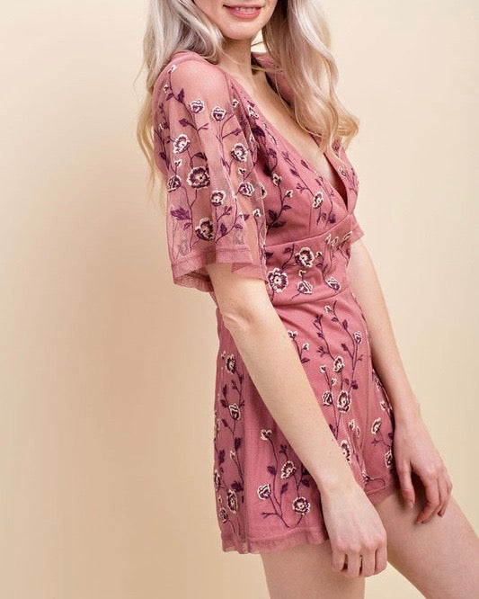 Honey Belle - V-Neck Floral Embroidered Short Sleeve Romper in Mauve