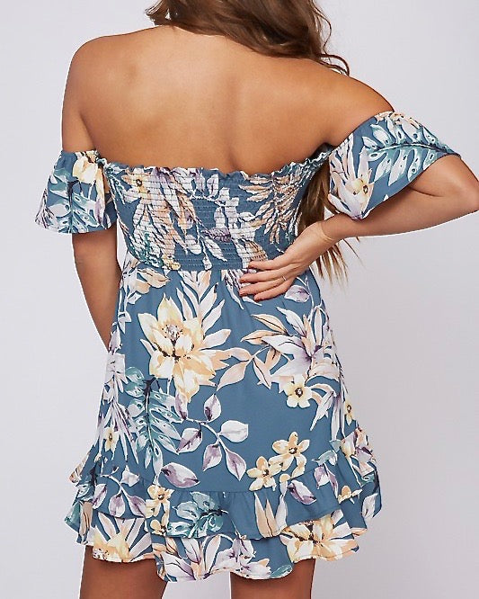 Final Sale - Off The Shoulder Smocked Floral Print Mini Dress