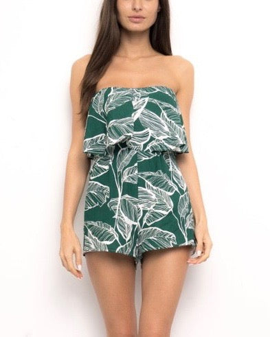 Leaf Print Strapless Romper in Green